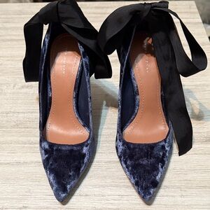 Zara Navy Velvet Heels with Black Bow